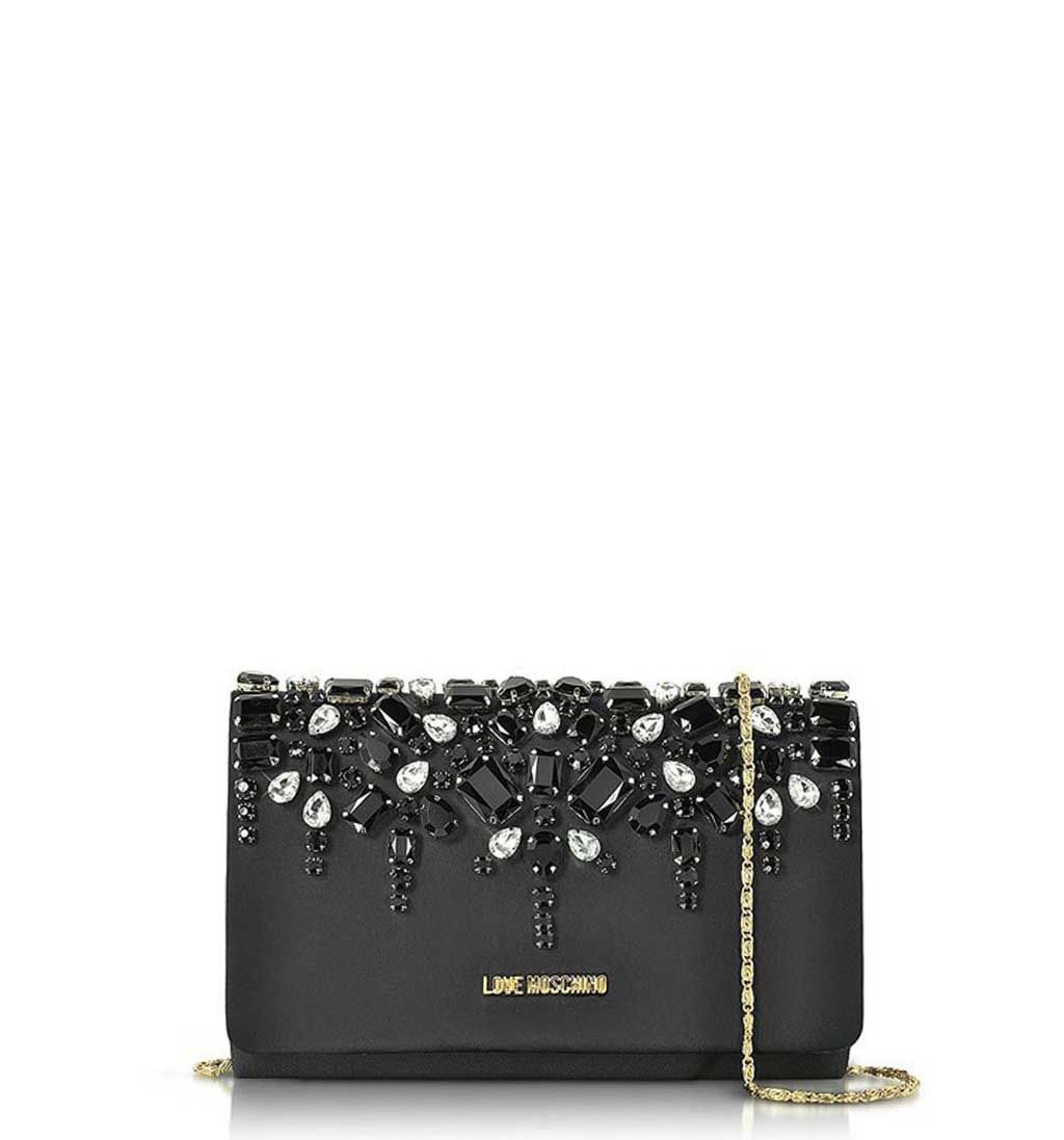 Pochette Moschino Nera, Modello Clutch, Applicazione Logo in Meta