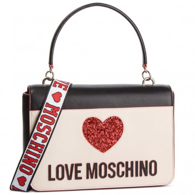 LOVE MOSCHINO Borsa a tracolla in tessuto jacquard NERO+AVORIO P/E 2019