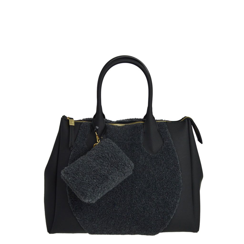 Borsa a mano Gum in pvc con pelliccia sintetica grigia e