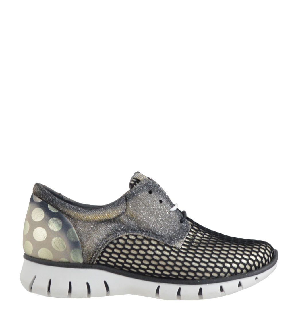 Felmini da donna, Modello running con fantasia a pois sul retro realizzata  con una combinazione di pelle, tessuto e rete. La calzatura presenta il  sottopiede in pelle con elastico interno, suola in