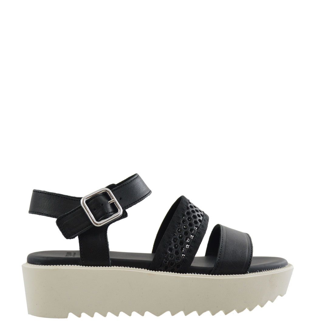 Frau sandali in pelle nera con zeppa in gomma bianca a contrasto 5 cm
