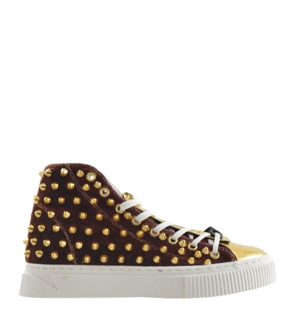 Gioselin sneakers donna in tessuto cangiante bordeaux con applicazione  borchie oro