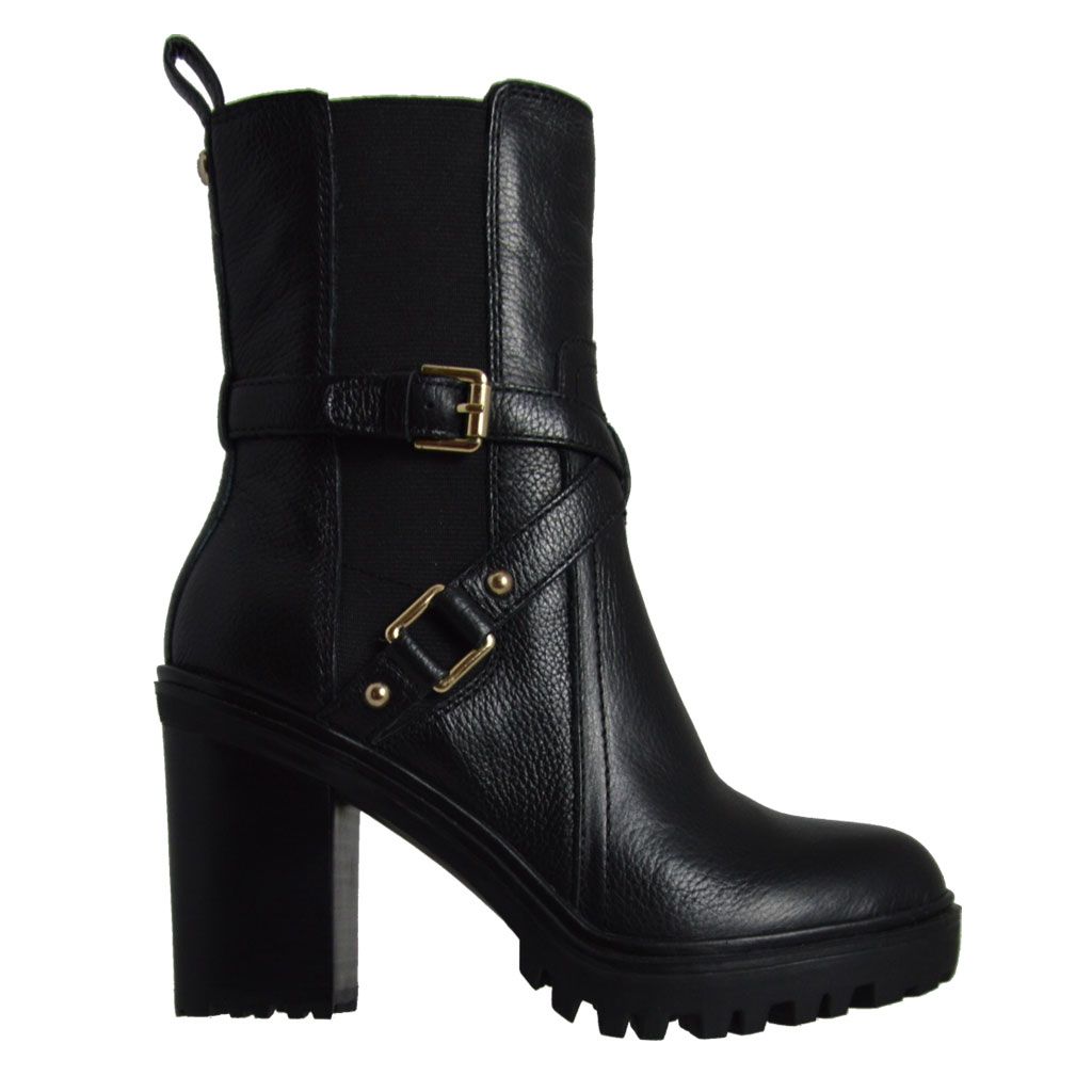 Guess stivaletti in pelle nera con fibbie e elastici laterali, colore nero  | Saldi